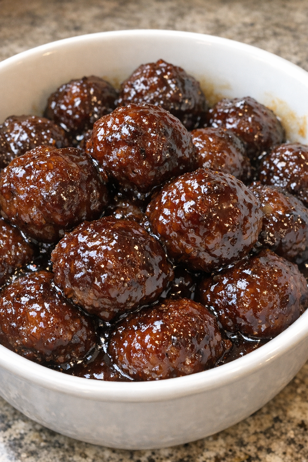 Oven baked 3-ingredient beef jelly meatballs in a white bowl