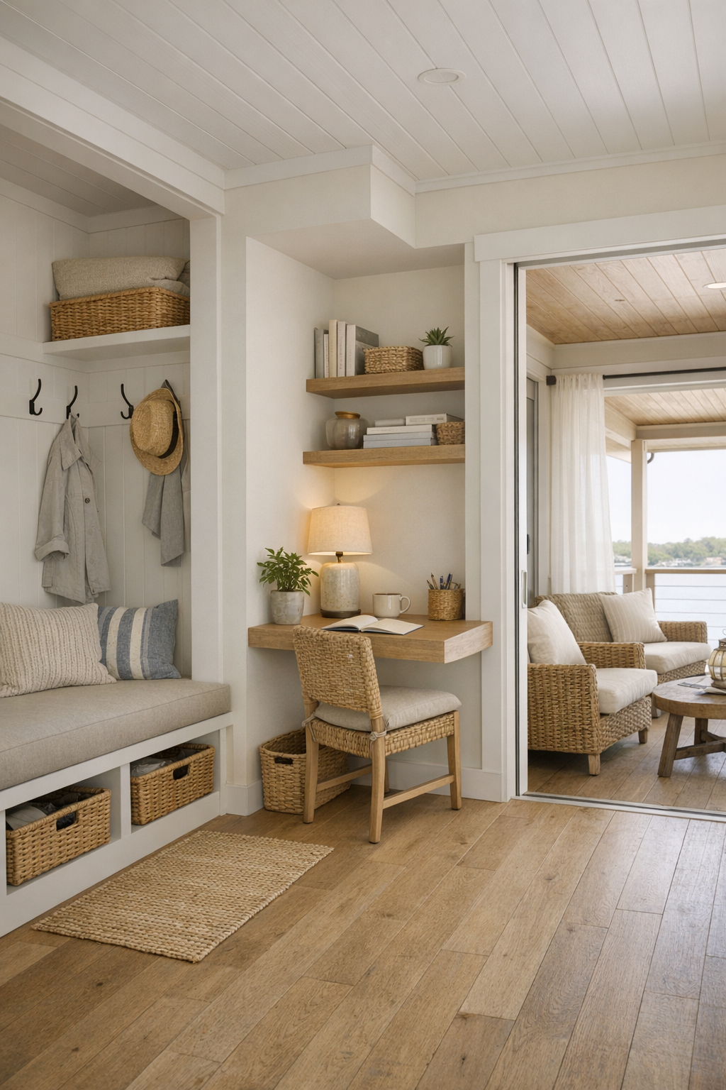 Thoughtful secondary spaces including a built-in entry, small office nook, and covered rear deck