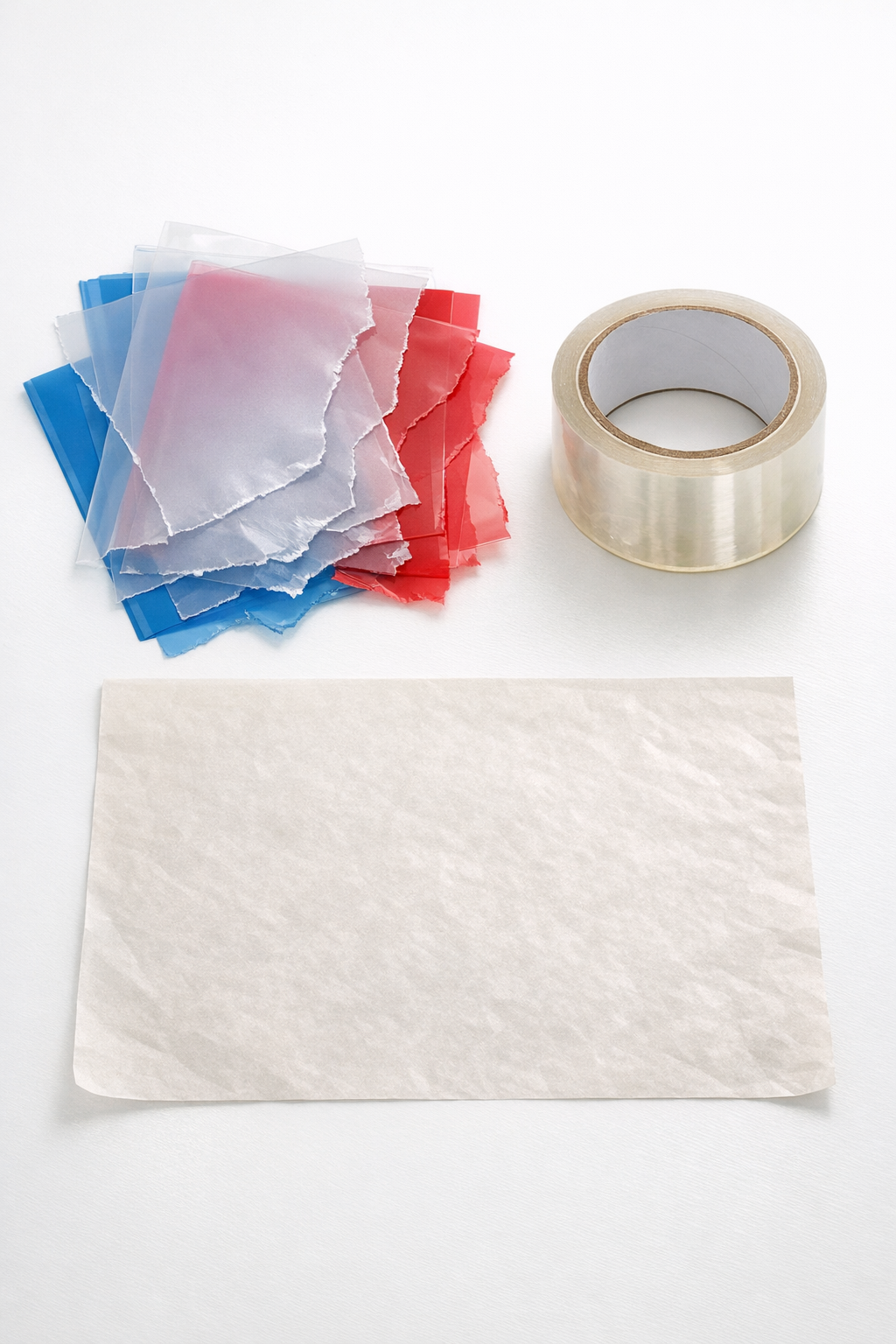 Plastic folders, parchment paper, and tape laid out for the project