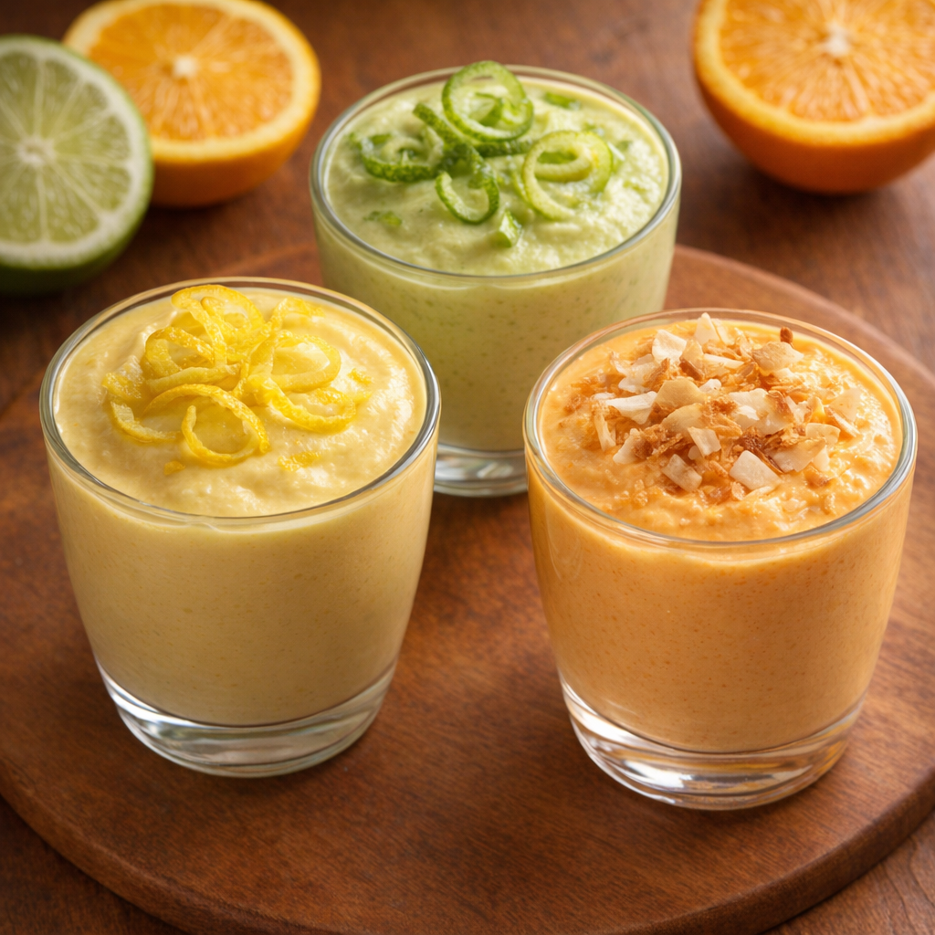 Citrus mousse variations with lemon, lime, and orange garnishes