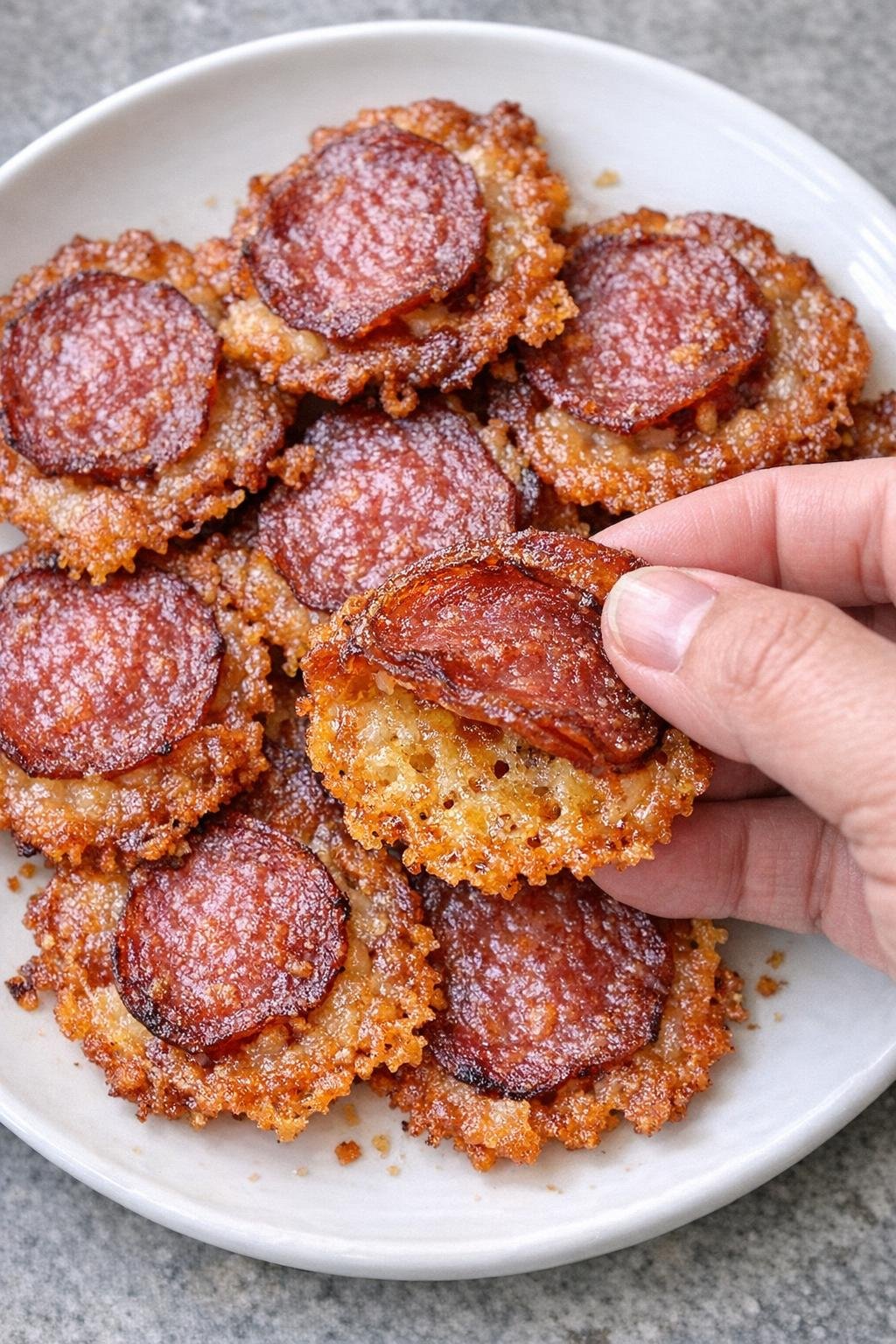 Finished salami Prescott crisps on a white plate
