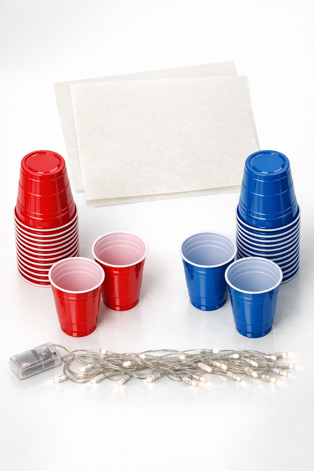 Red and blue plastic cups, parchment paper, and wire string lights laid out neatly