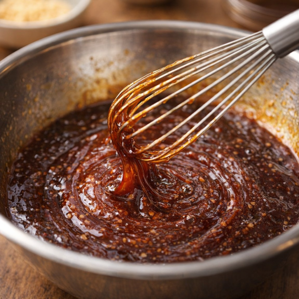 Sweet and savory glaze being whisked in a mixing bowl