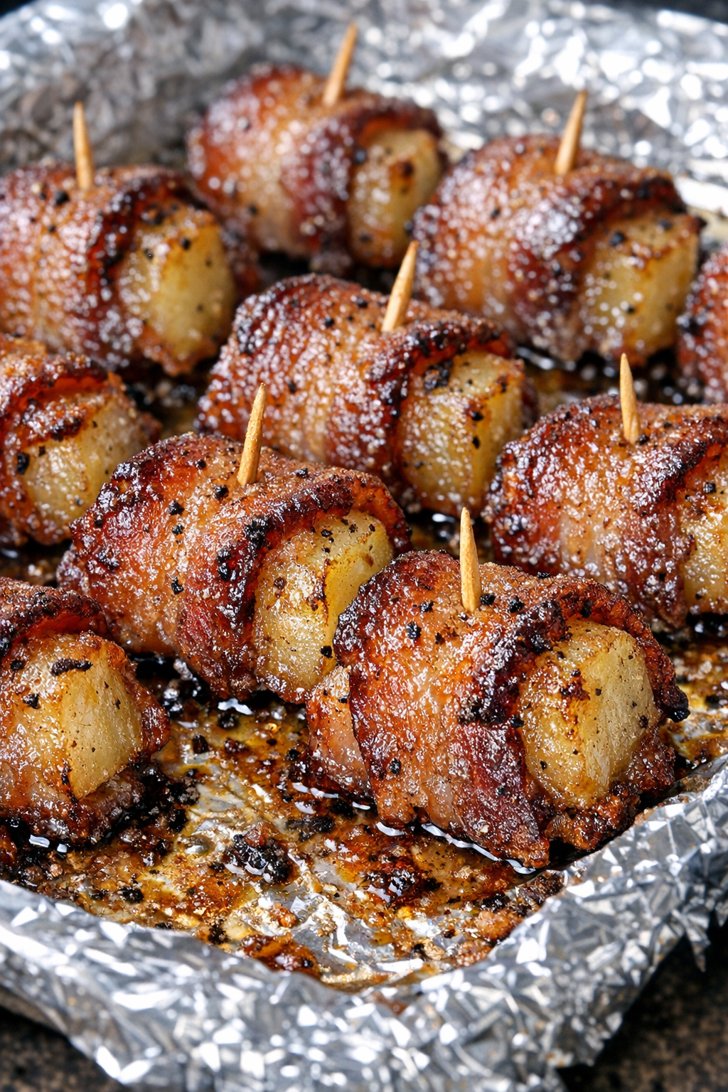 Bacon wrapped potato bites on a foil-lined baking tray