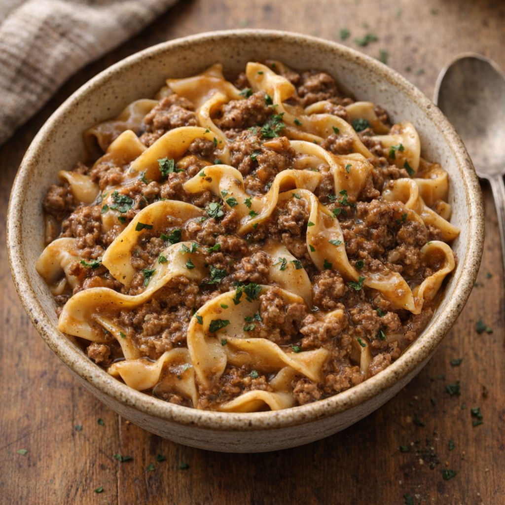Slow cooker beef gravy noodles served in a rustic bowl