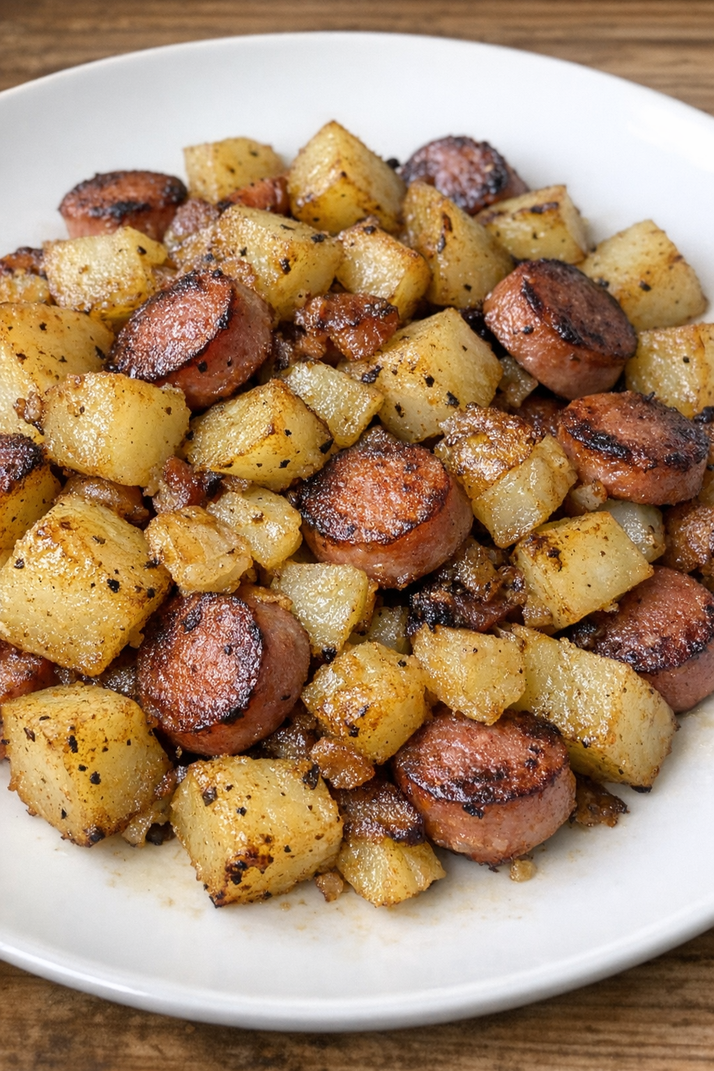 Finished skillet meal of potatoes and hot dogs