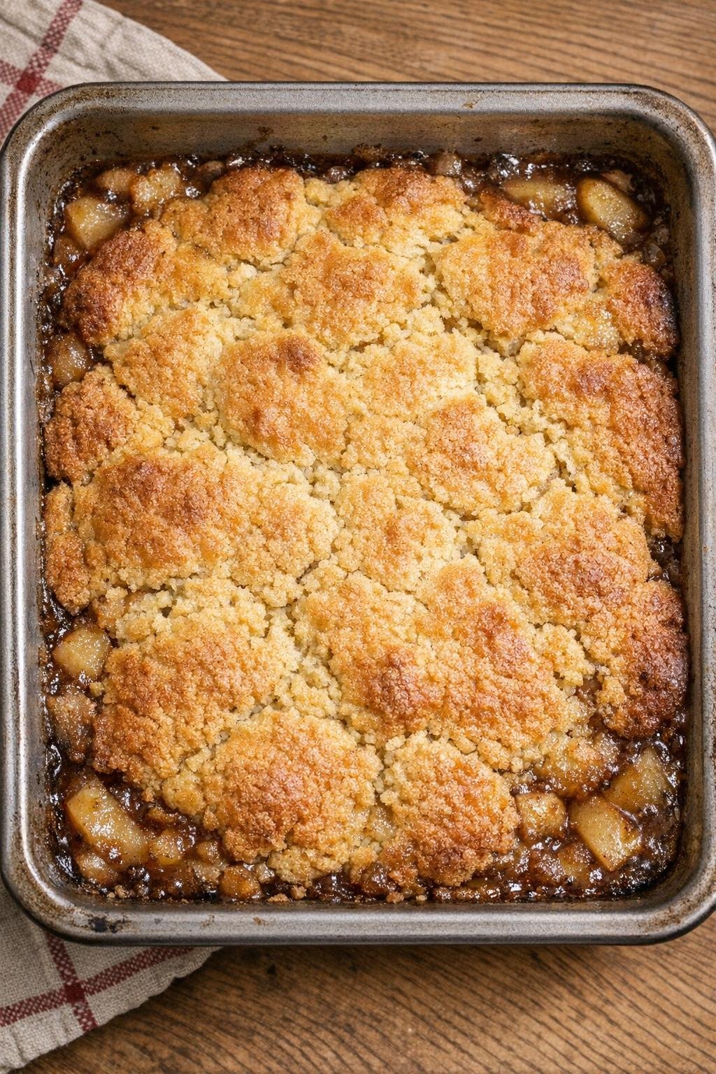 Finished apple cornbread cobbler in a metal baking dish
