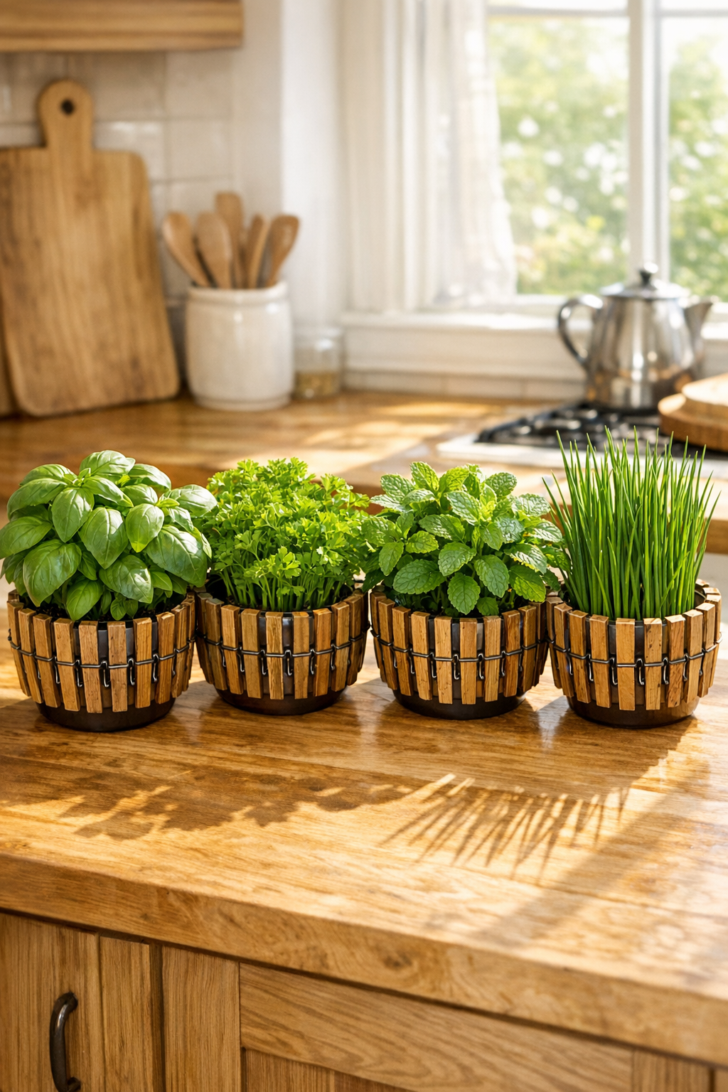 Finished rustic kitchen herb planters made from stained clothespins clipped around plastic mixing bowls