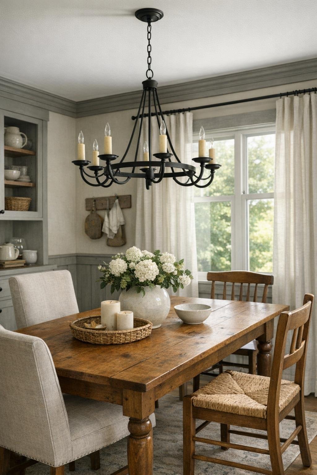 Cozy dining room with a solid wood table, mixed seating, linen drapes, and a black metal chandelier