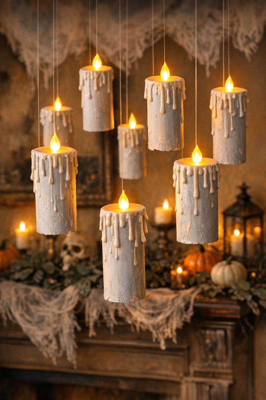 Finished floating candle decorations made from paper towel rolls glowing in a Halloween room