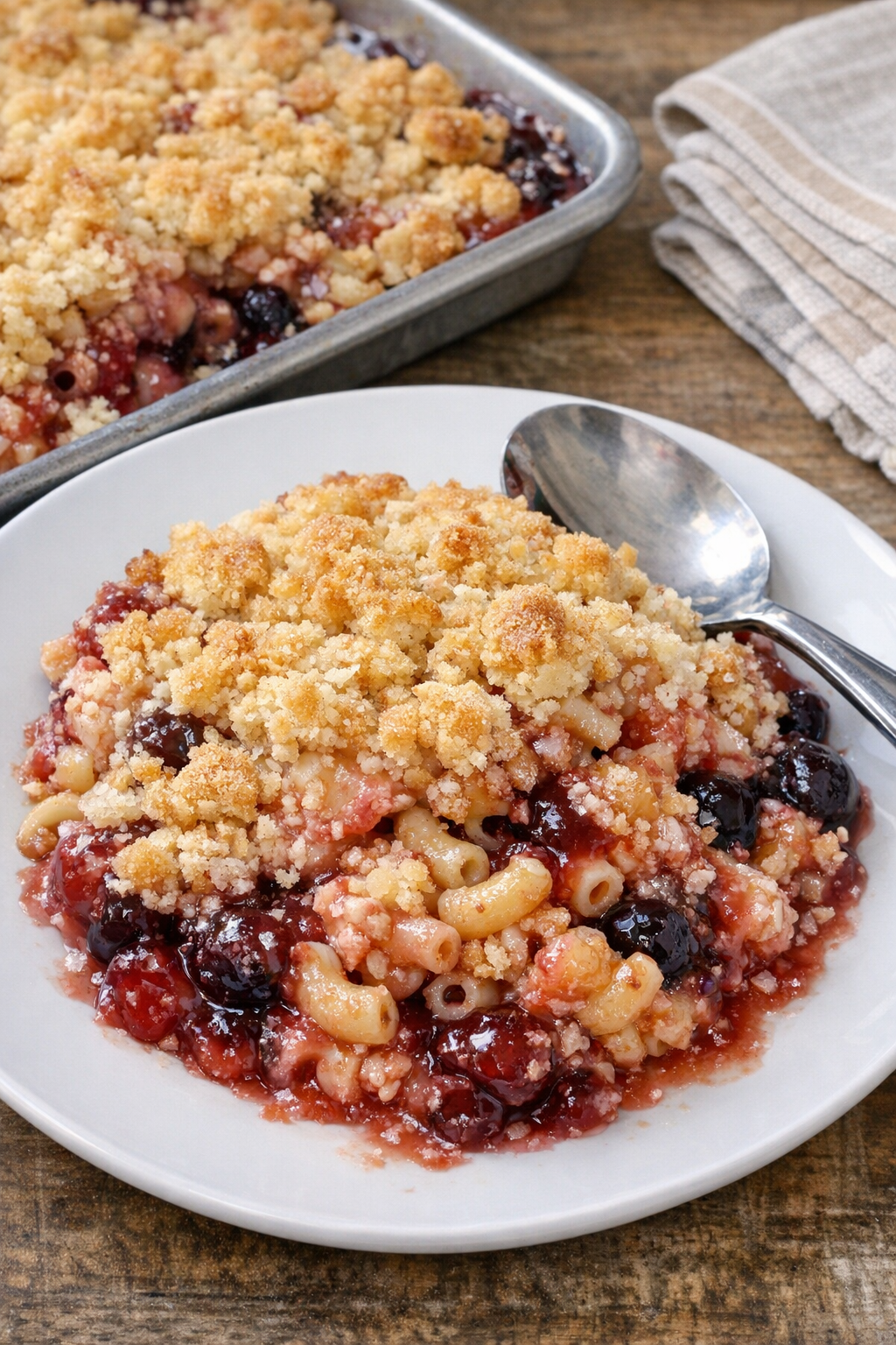 Finished baked macaroni dessert in a sheet pan