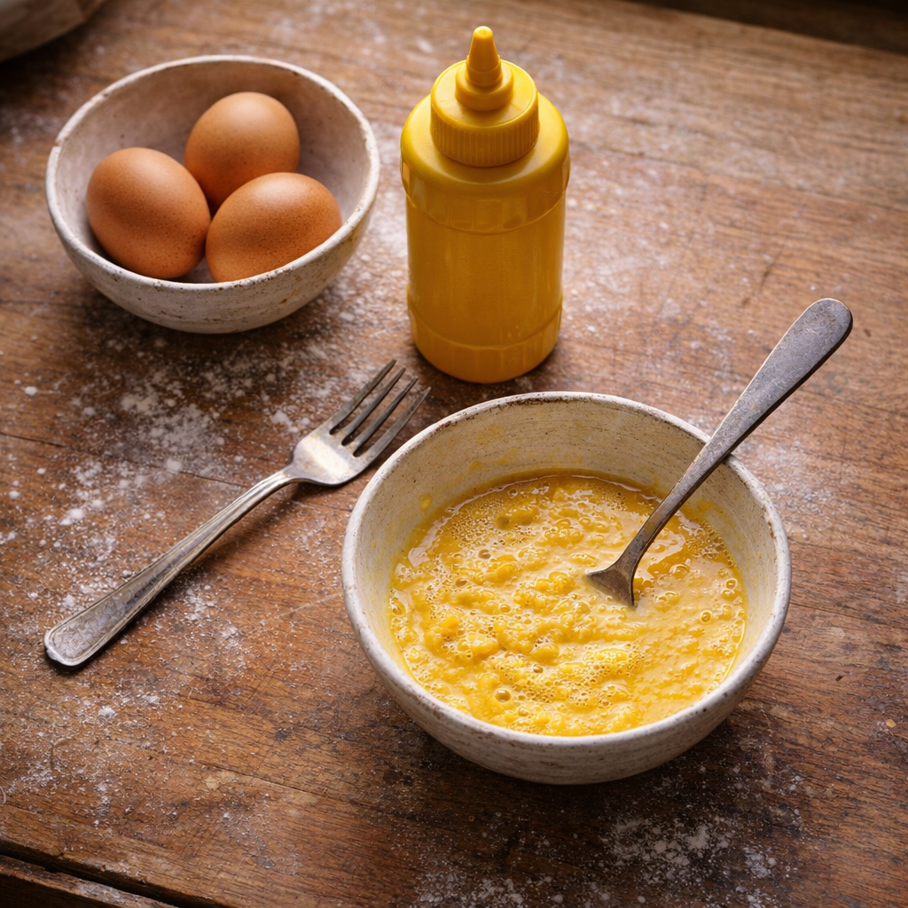 Small breakfast setup with eggs and yellow mustard on a country kitchen counter