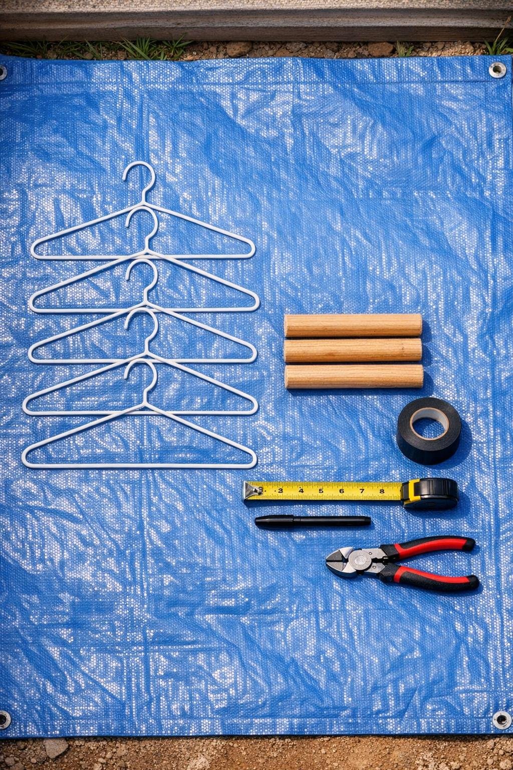 Materials for making row cover clamps laid out on a tarp