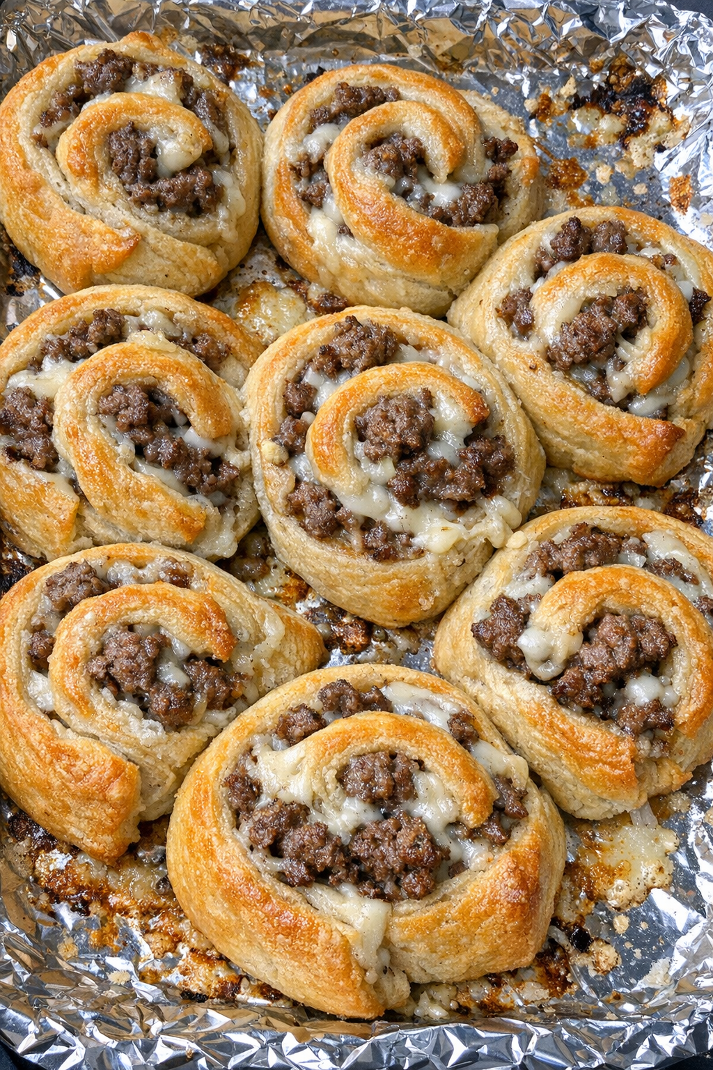 Oven baked beef crescent spirals on a foil-lined baking sheet