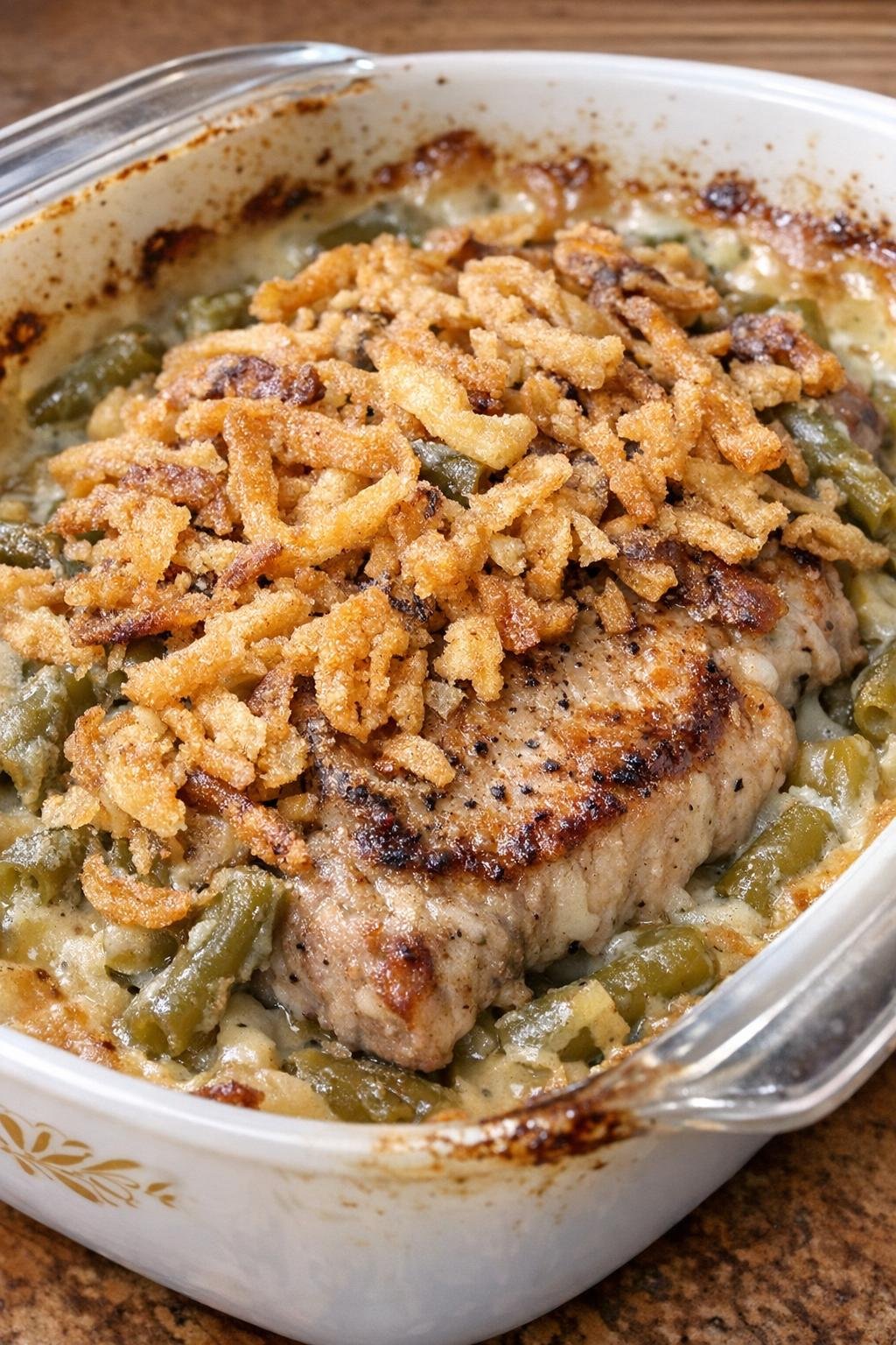 Finished pork and green bean casserole in vintage dish
