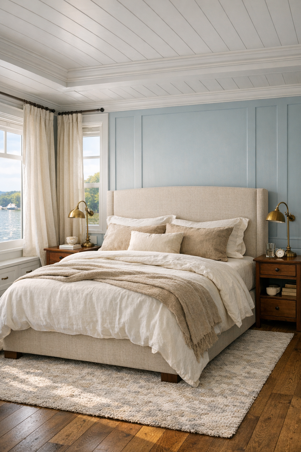 Serene bedroom with misty blue paneled wall and layered natural textiles