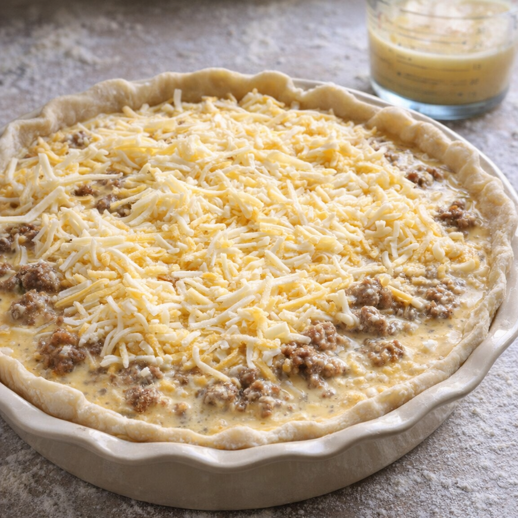 Unbaked sausage pie ready for the oven
