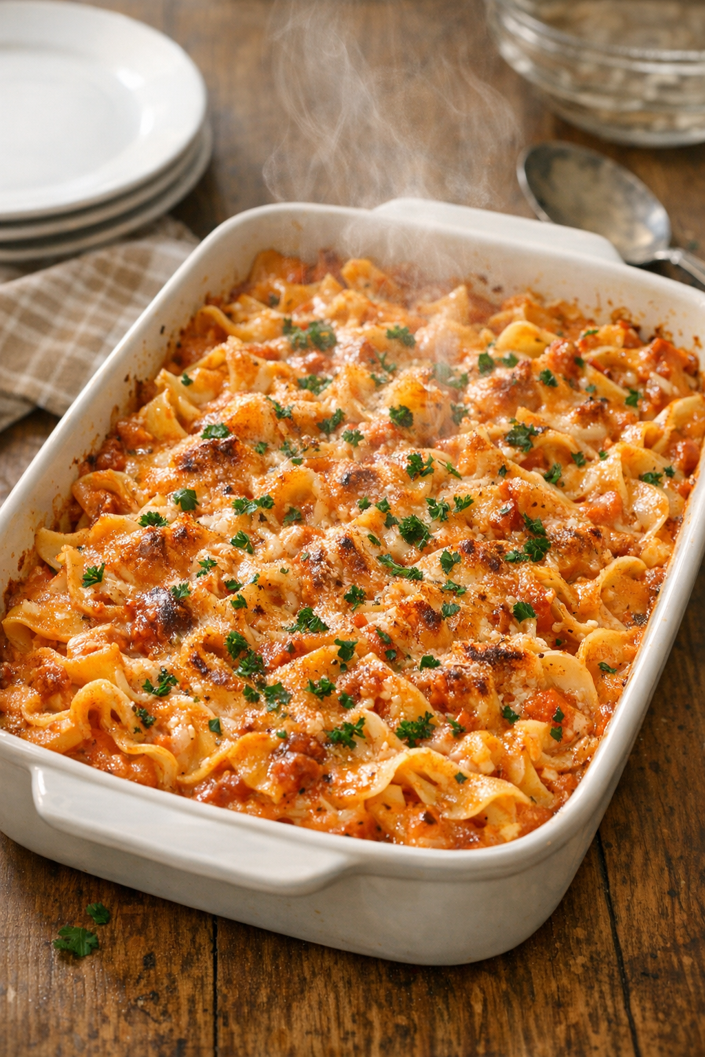 Finished baked roasted pepper cream noodles in a casserole dish