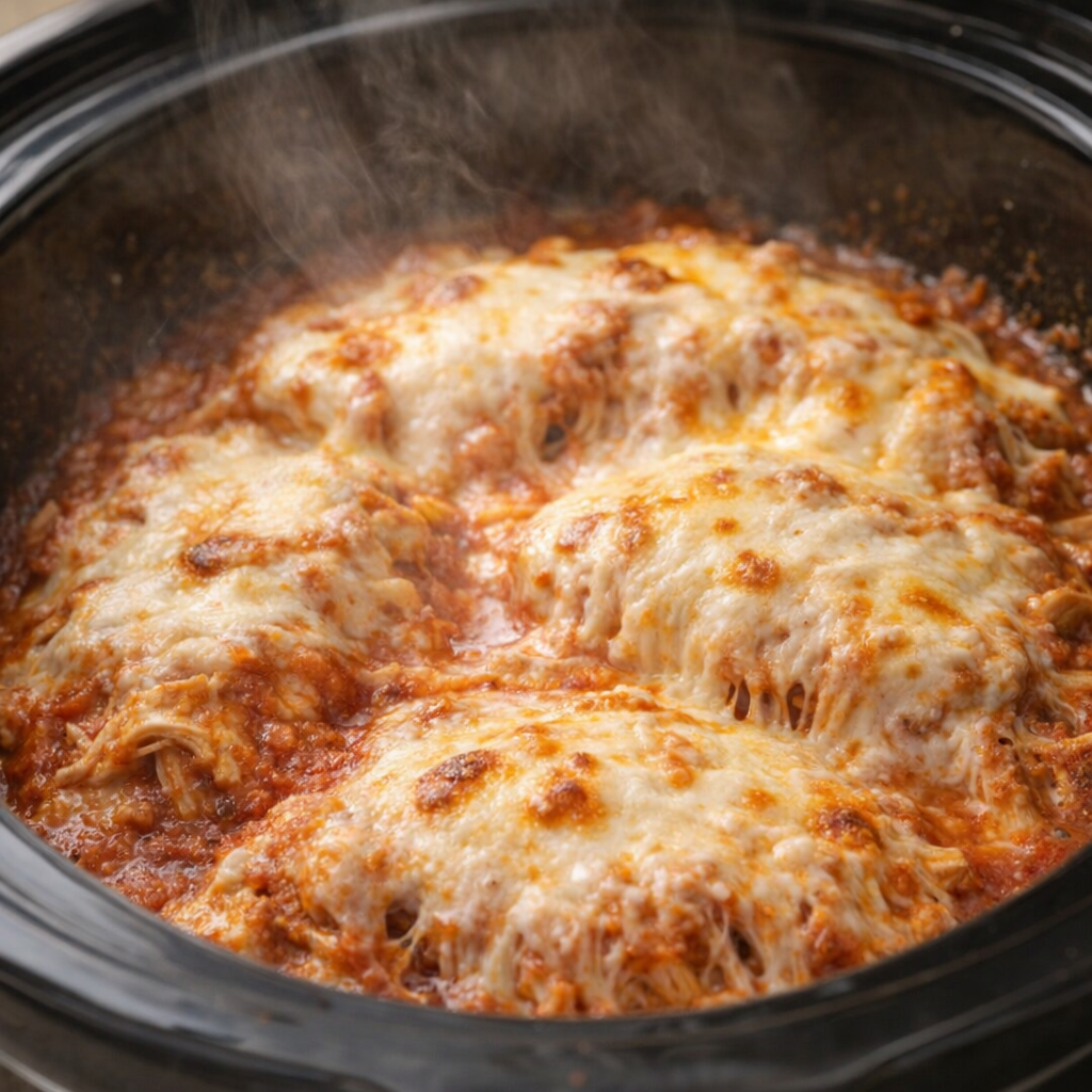 Melted mozzarella and Parmesan bubbling on top of chicken in the slow cooker