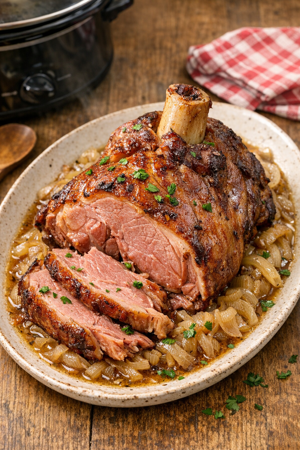 Finished slow cooker ham shank on a platter