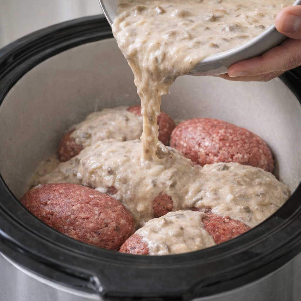 Creamy gravy mixture being poured over beef patties in a slow cooker
