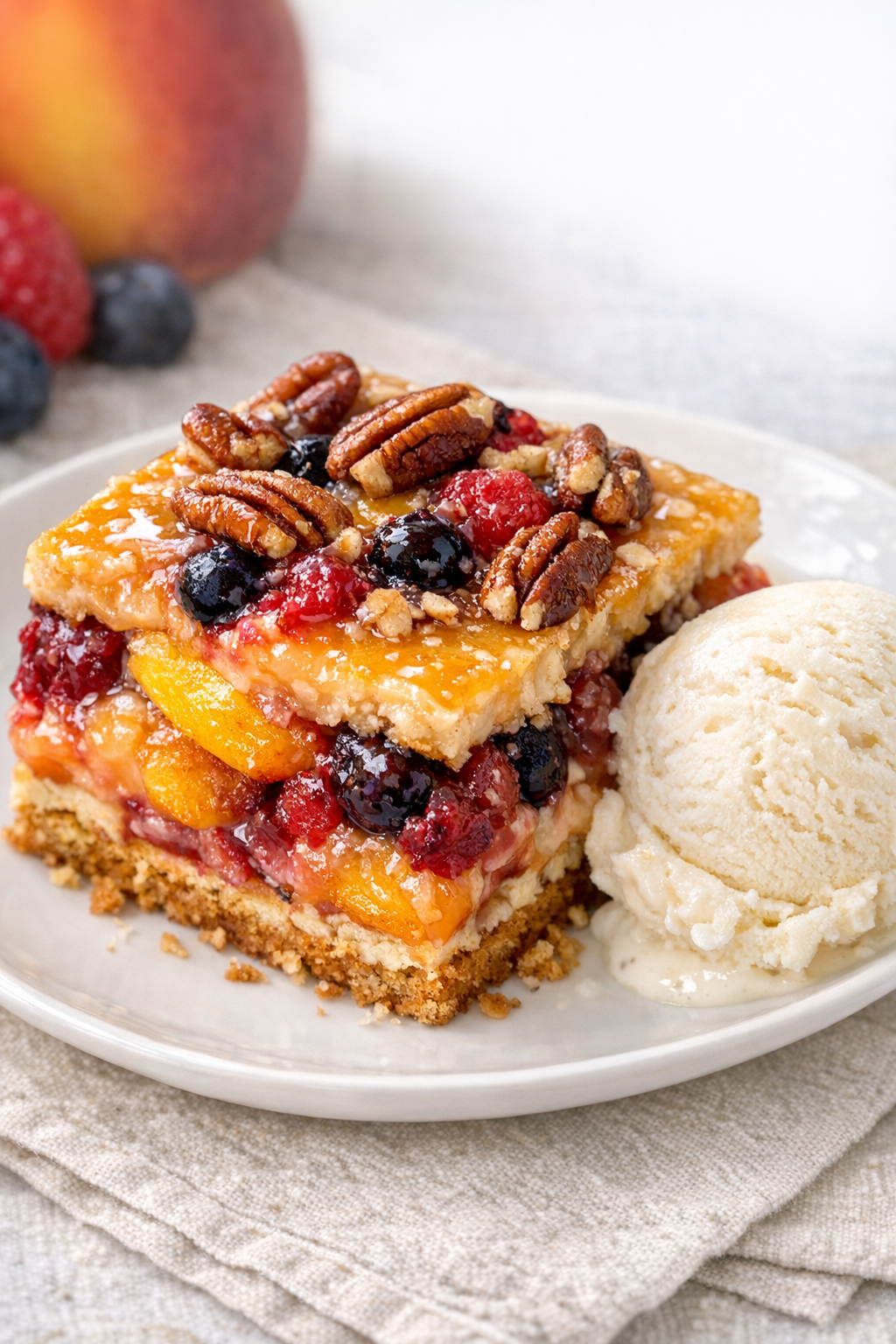 Finished graham cracker fruit dessert served warm