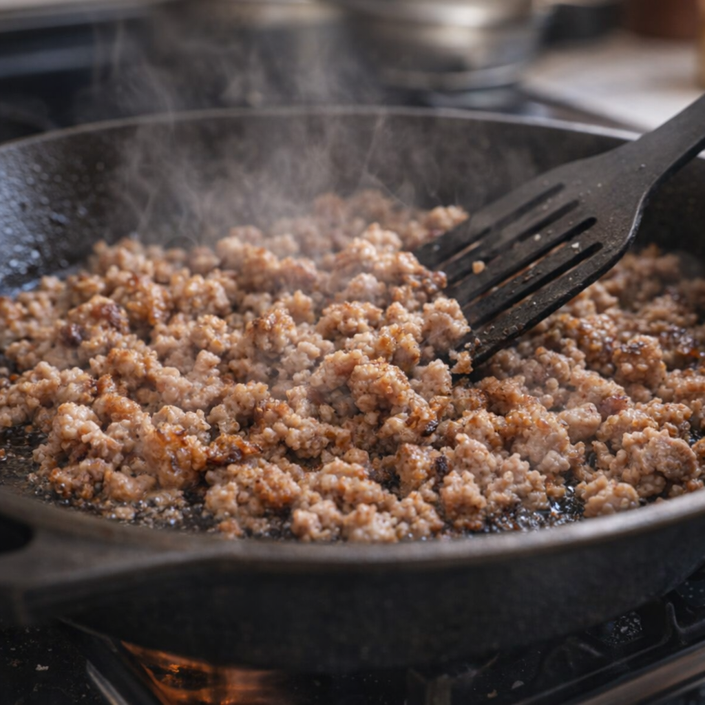 Breakfast sausage browning in a skillet