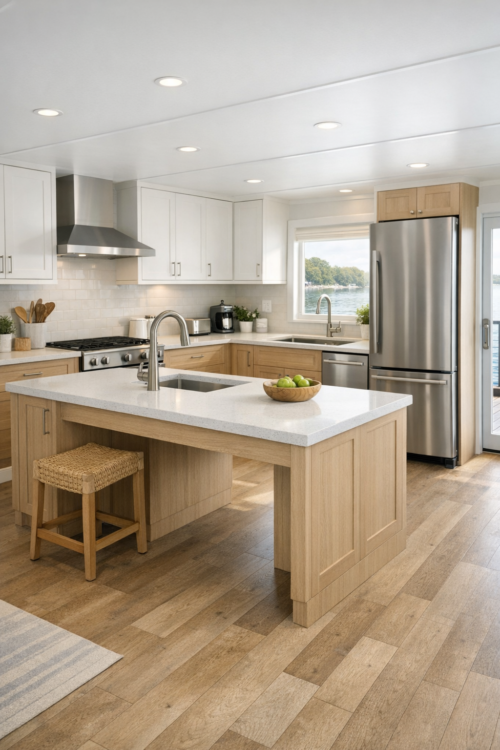 Accessible coastal kitchen with quartz island and pale wood cabinetry
