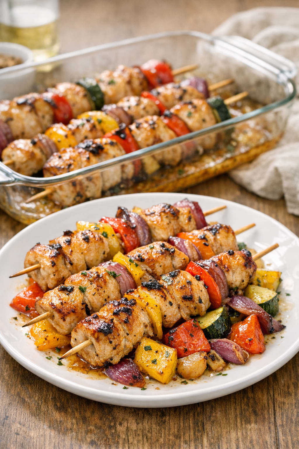 Finished baked chicken skewers plated for dinner
