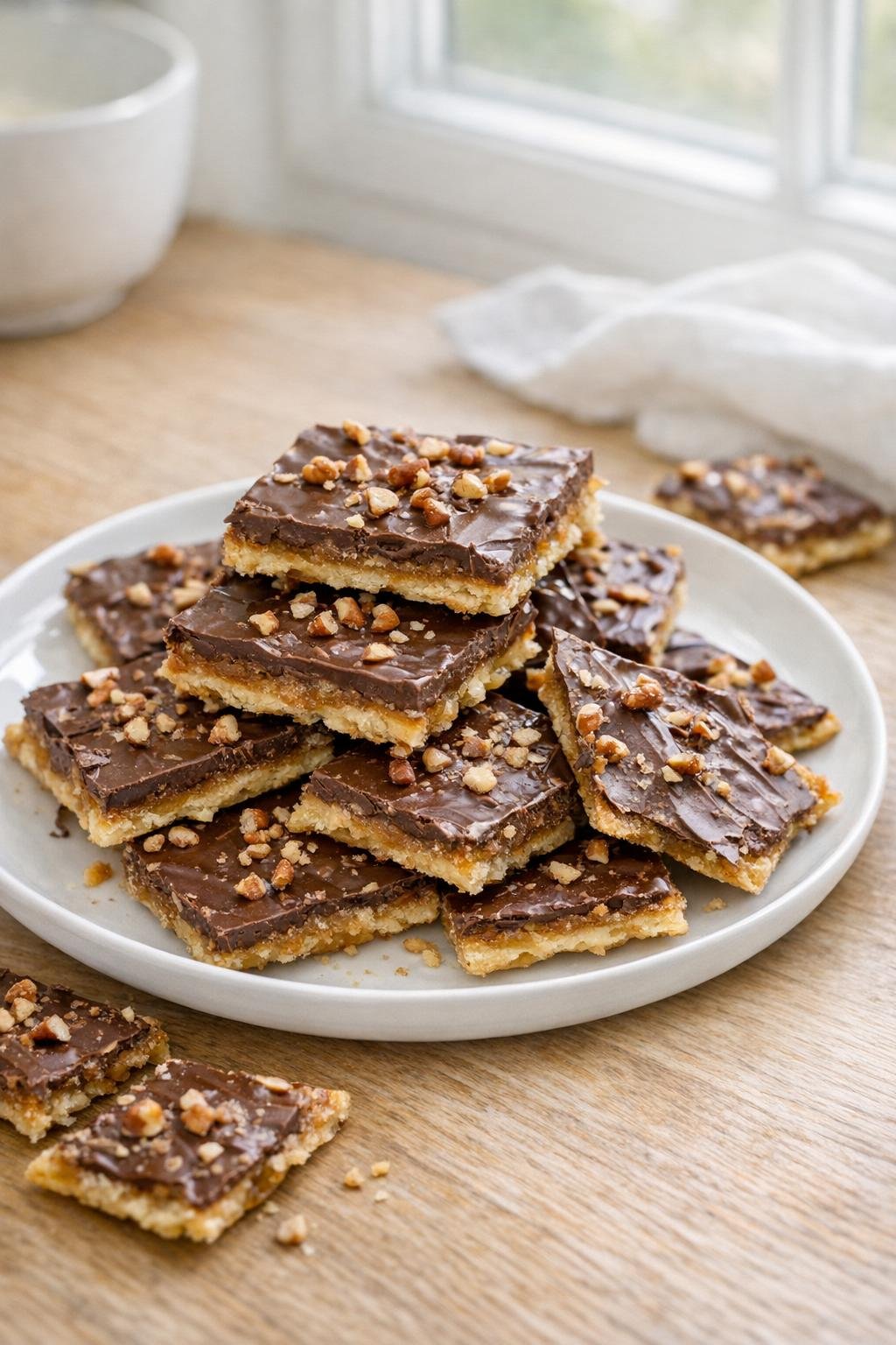 Finished cracker toffee dessert on a plate