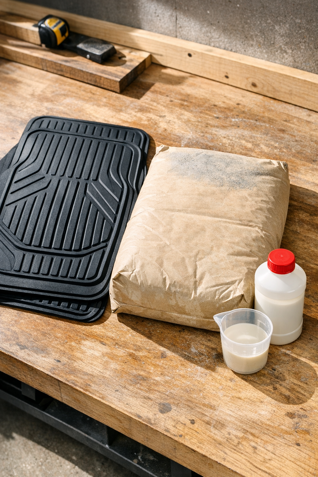 Materials for making grooved cement patio blocks laid out on a work surface