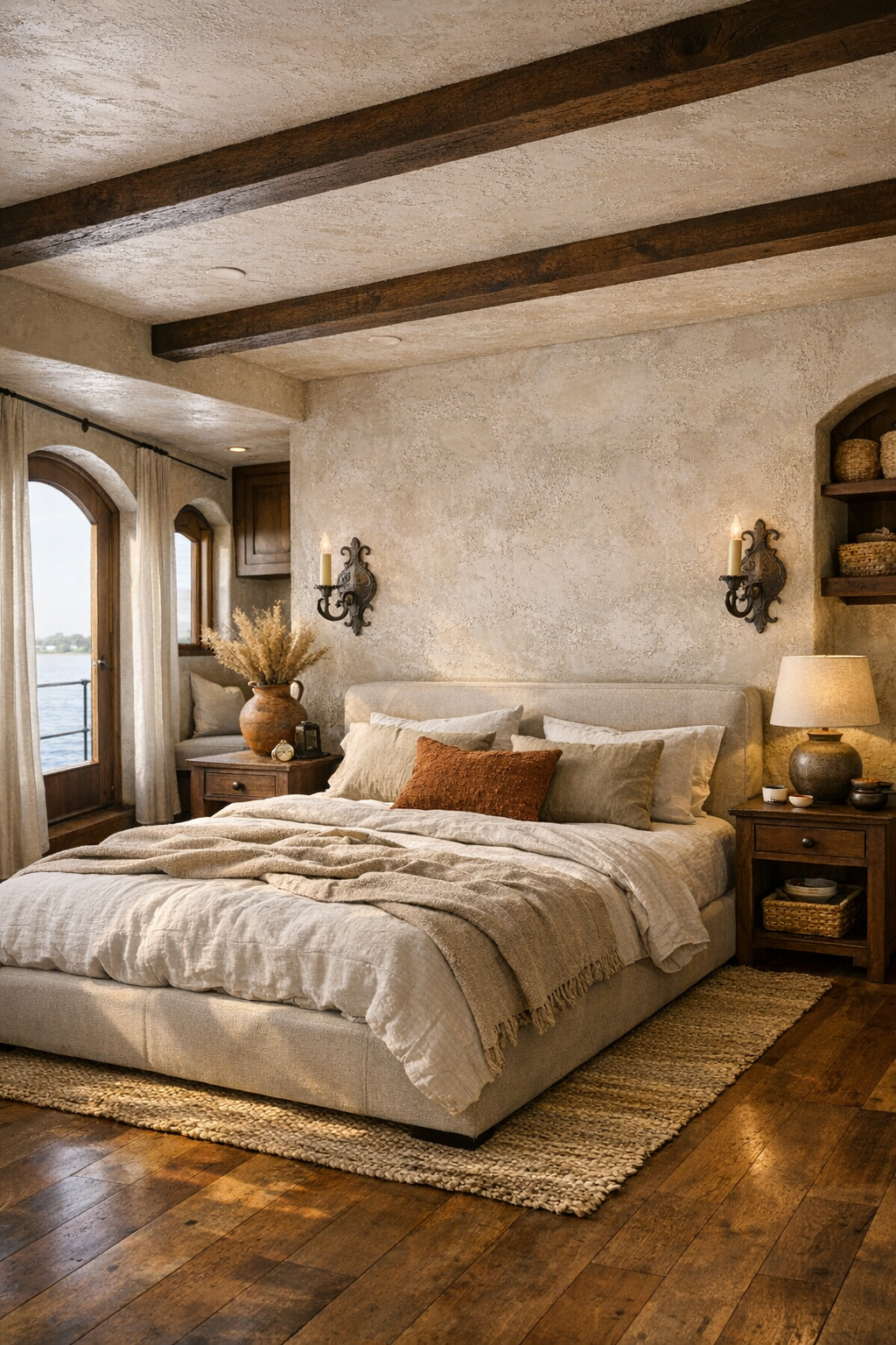 Serene bedroom with linen bedding, plaster walls, and dark wood accents