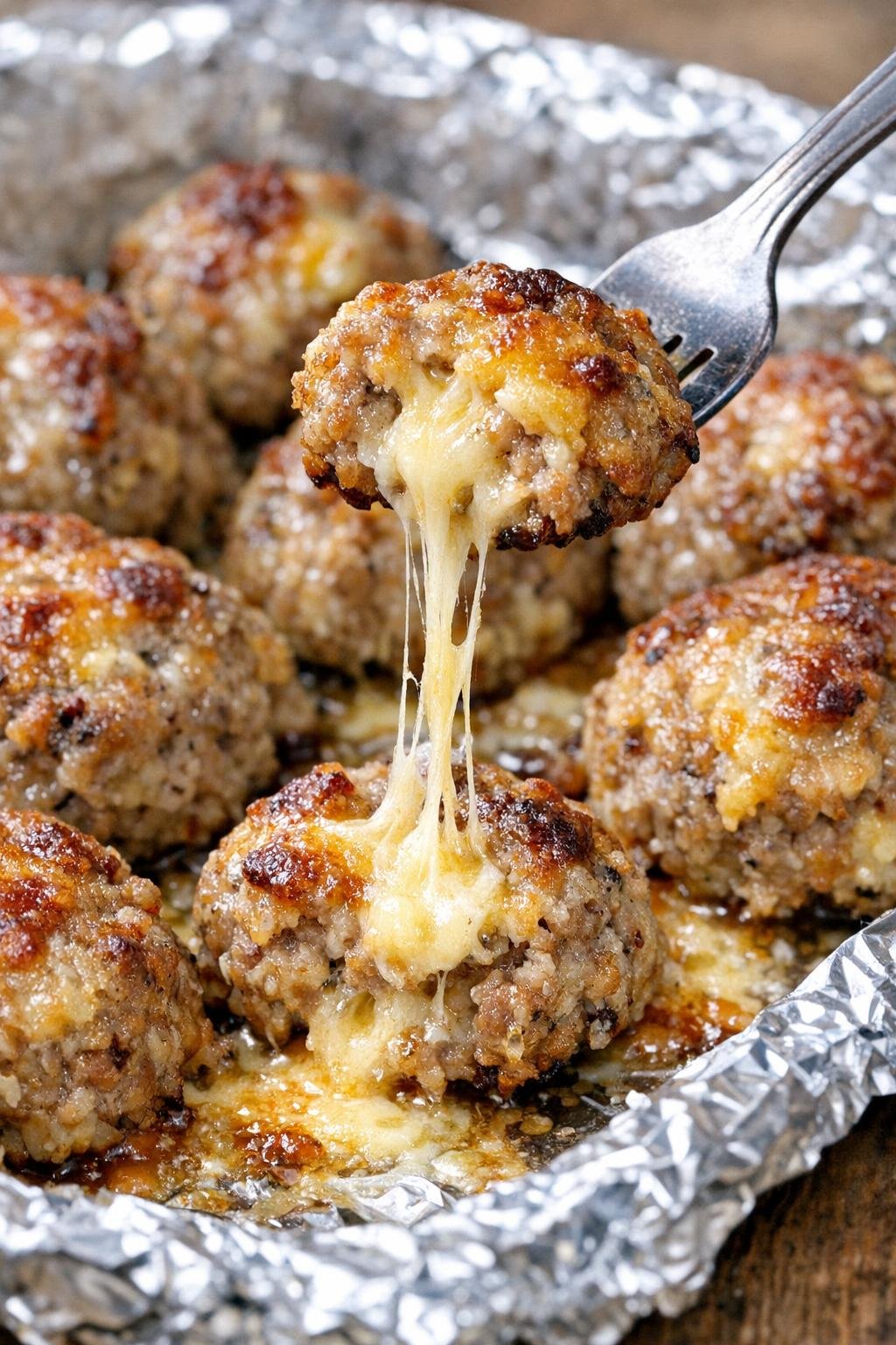 Low carb sausage chadwick bombs with melted cheese pull on a foil tray