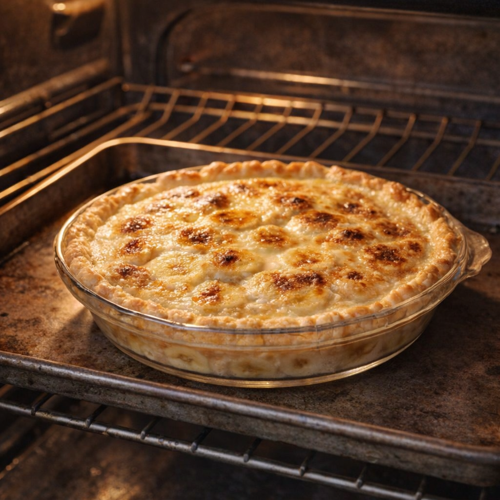 Banana pudding baking in the oven on a sheet pan