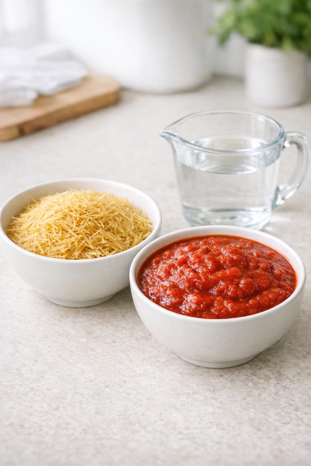 Broken capellini, sauce, and water ingredients
