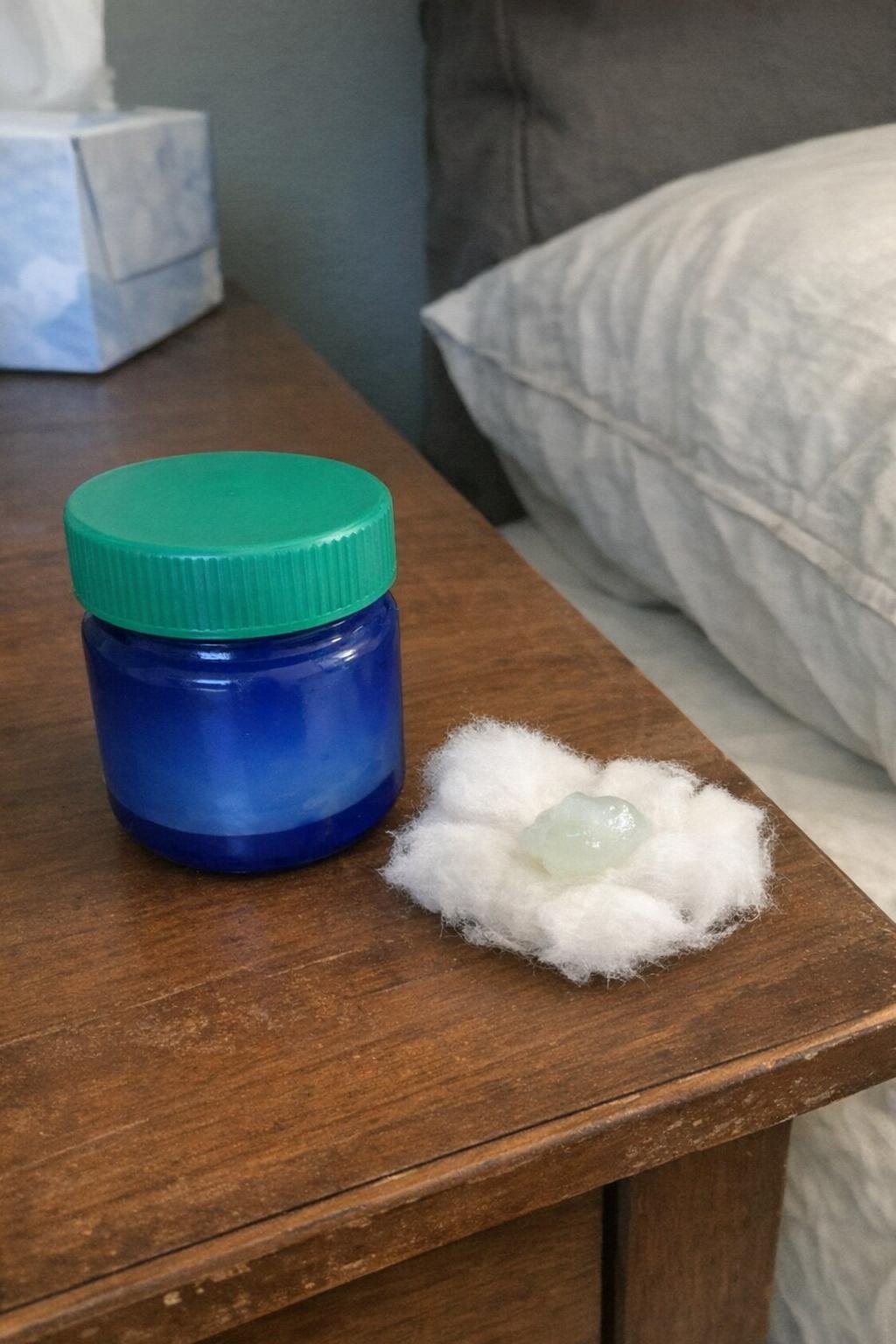 Cotton ball with VapoRub beside a pillow
