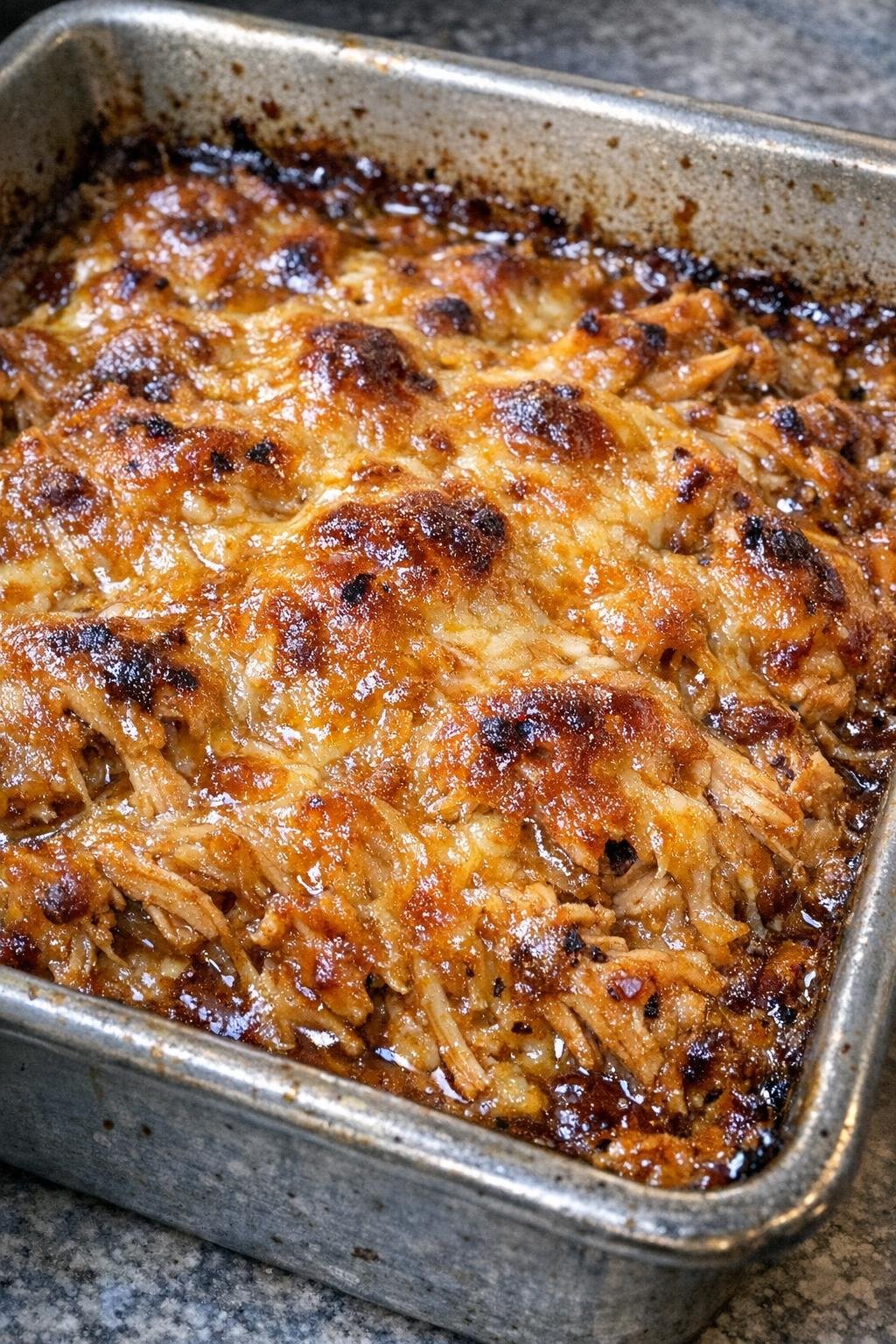 Baked shredded chicken casserole in a metal baking pan