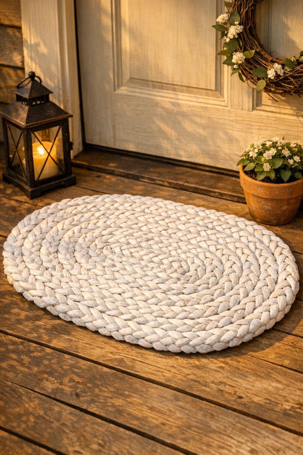 Finished woven porch mat made from braided plastic shopping bags
