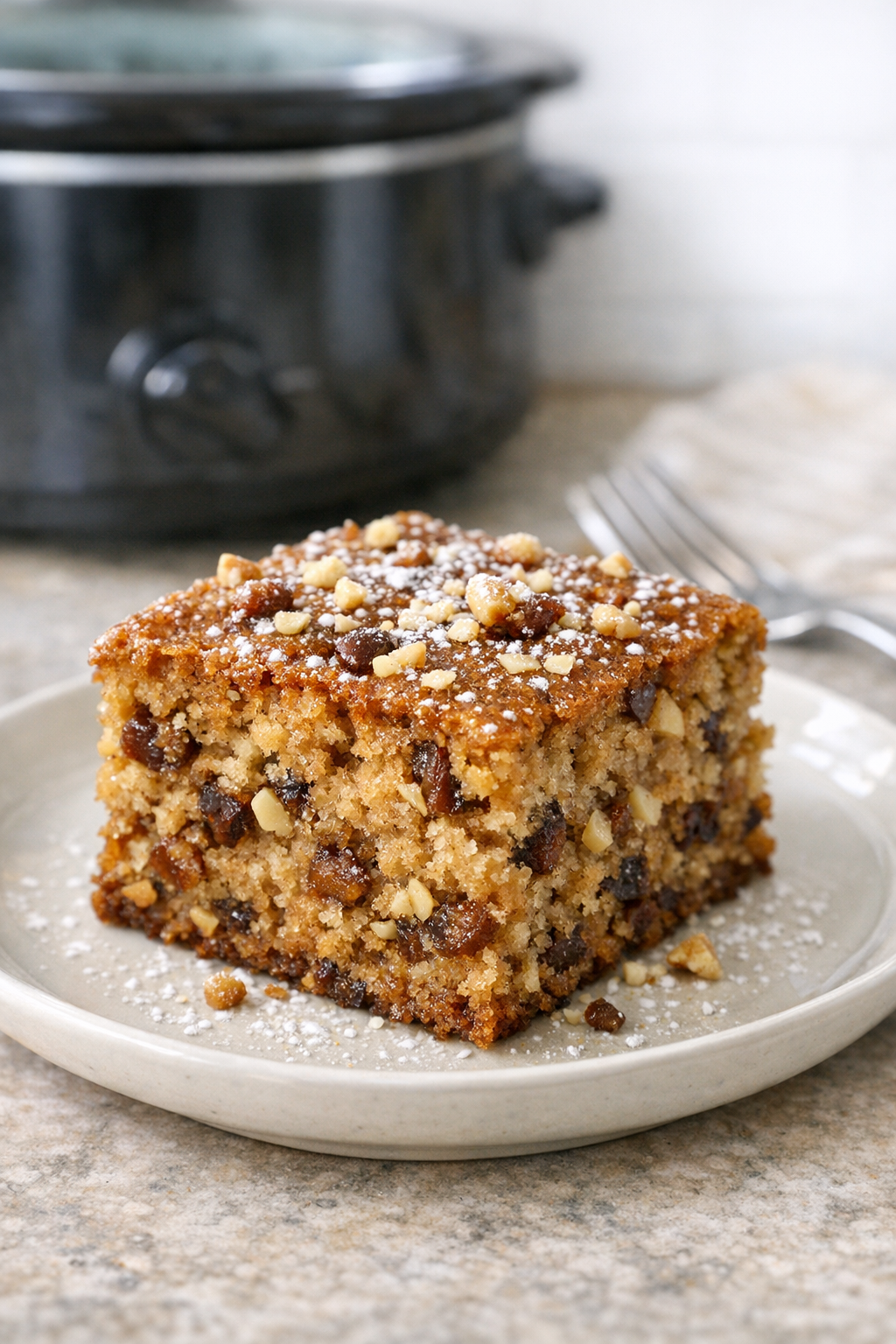 Finished date nut cake on a plate
