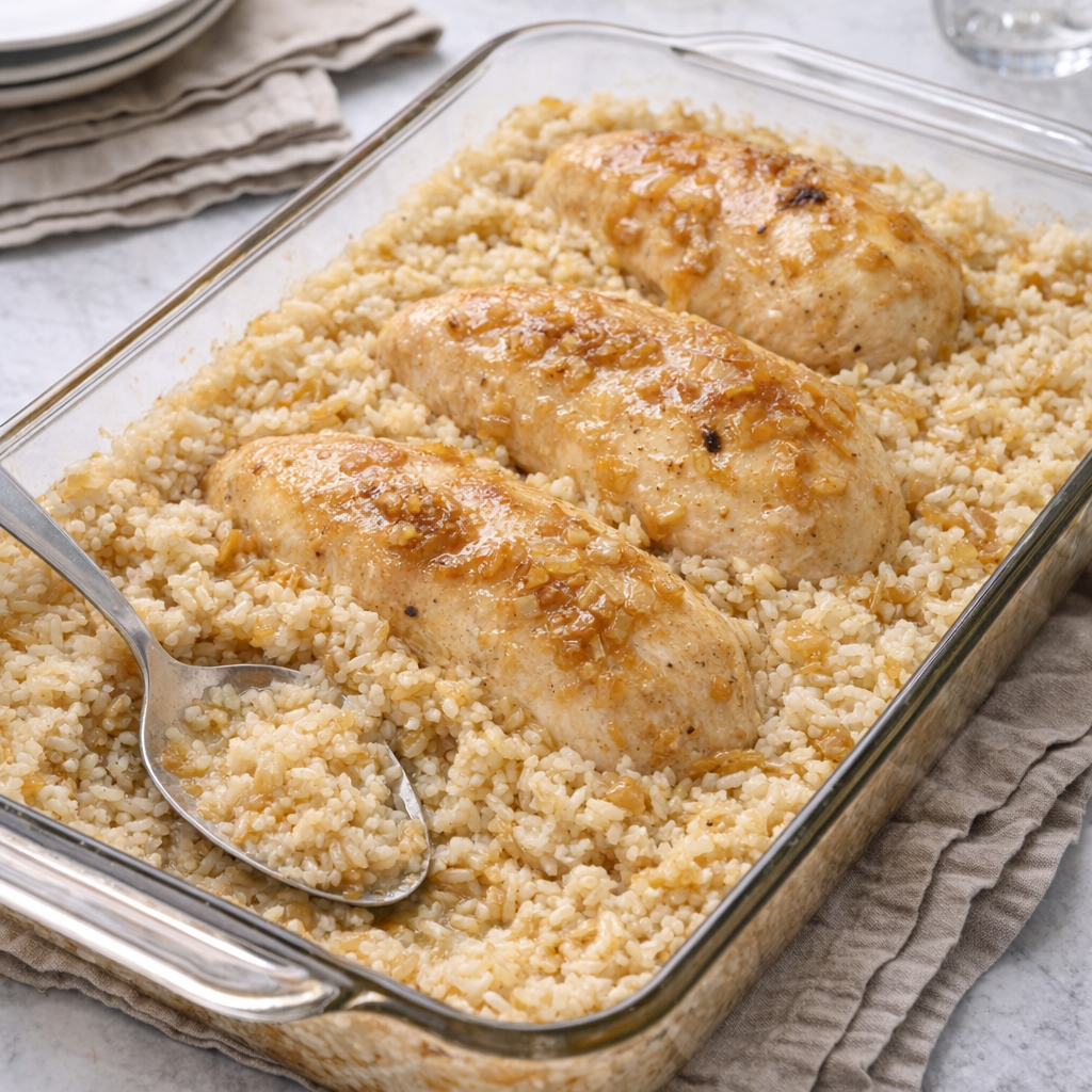 Baked chicken and rice casserole in a family-style baking dish