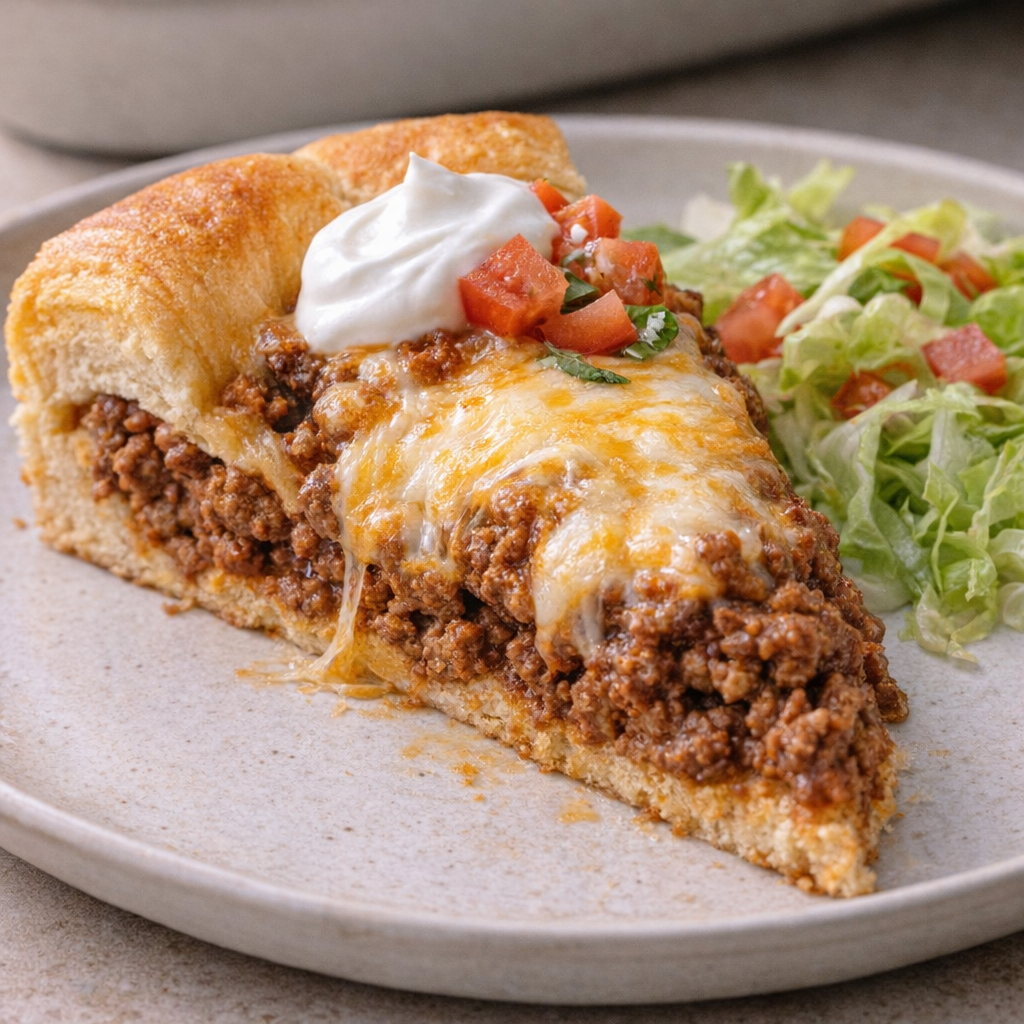 Slice of cheesy taco crescent pie on a plate