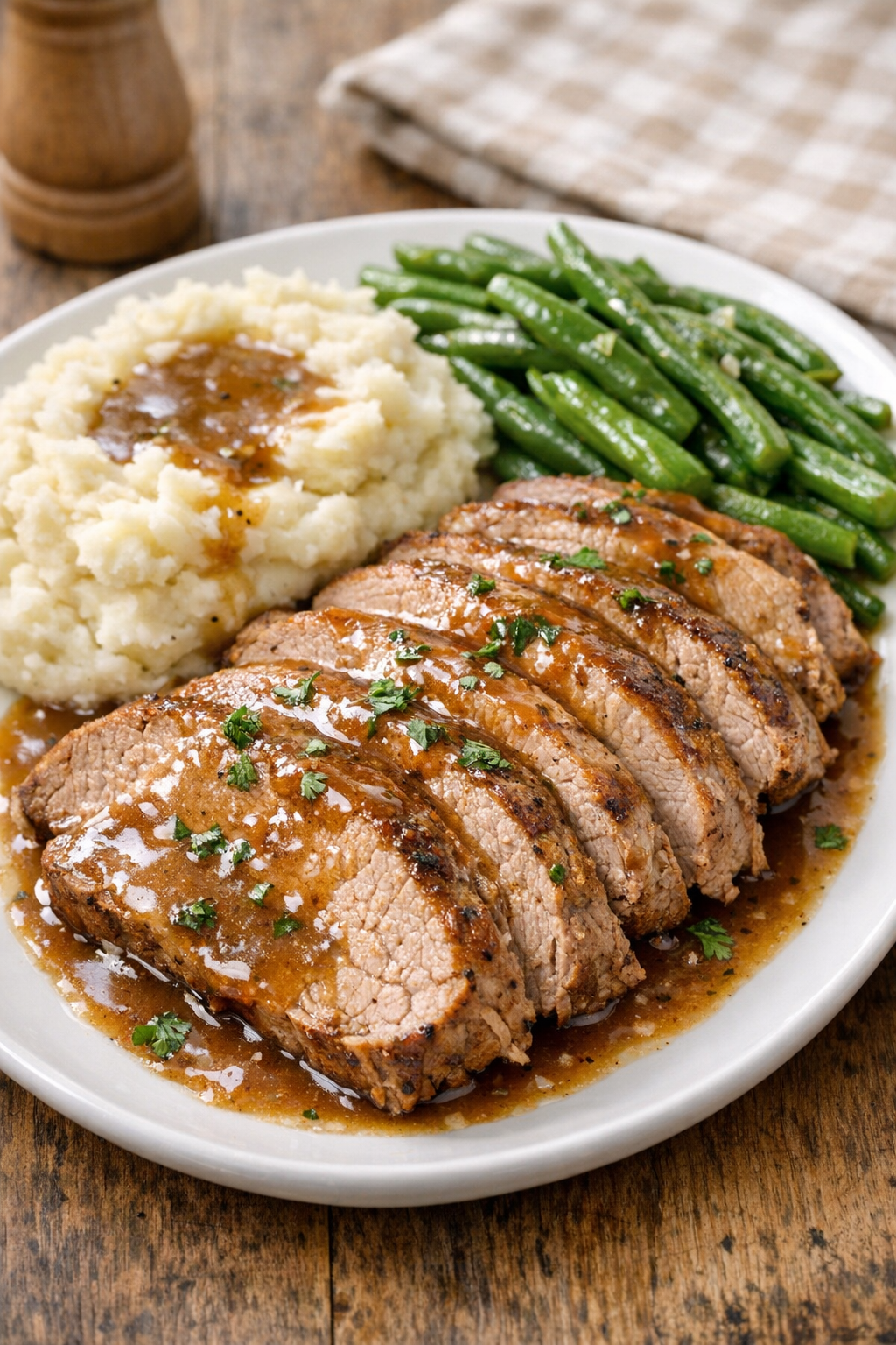 Finished slow cooker pork roast with gravy on a platter