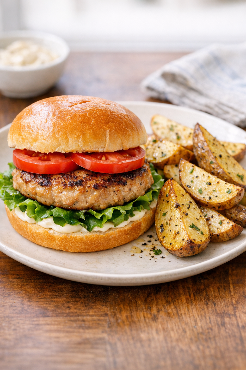 Baked tuna burgers on buns with lettuce and mayo