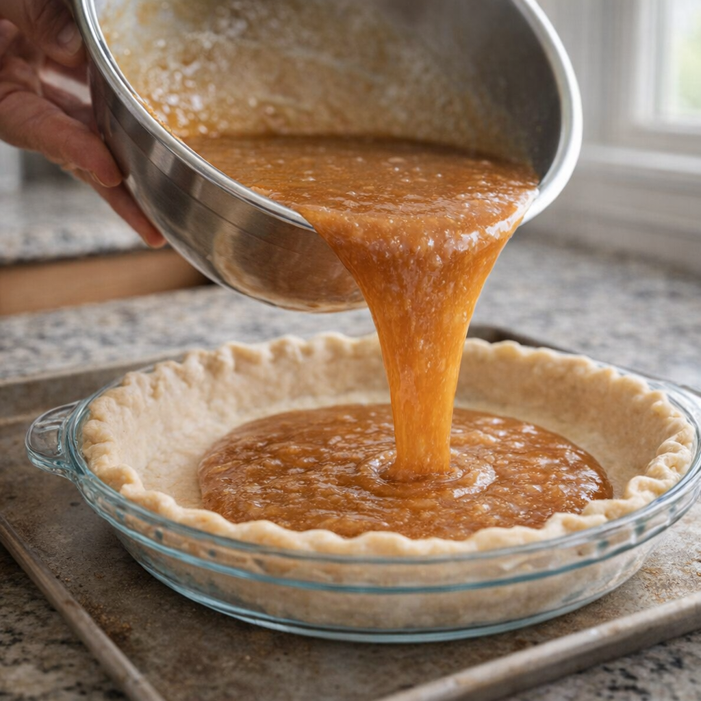 Caramel pie filling being poured into an unbaked crust