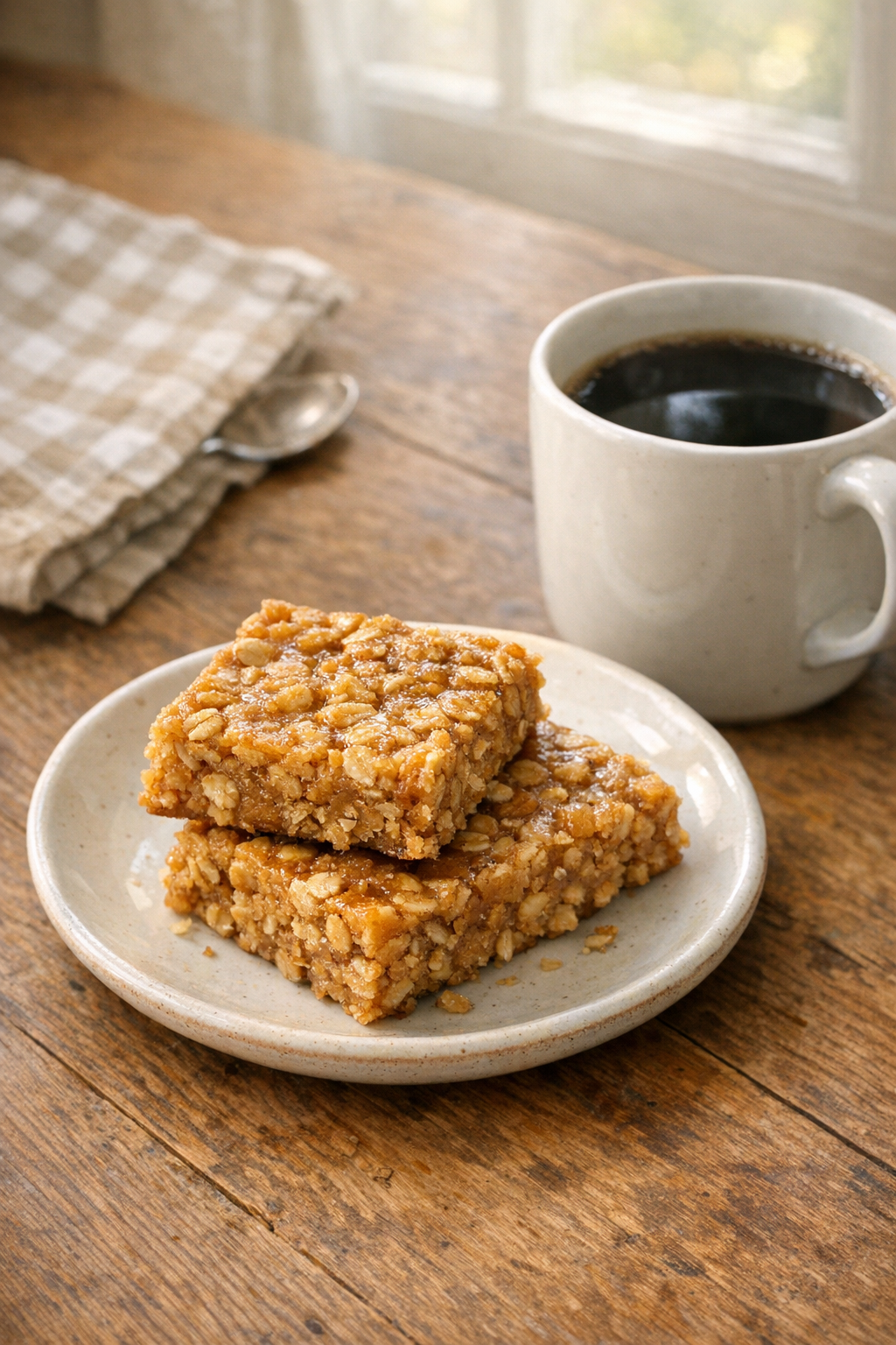 Peanut butter oat bars served with coffee on a simple dessert plate