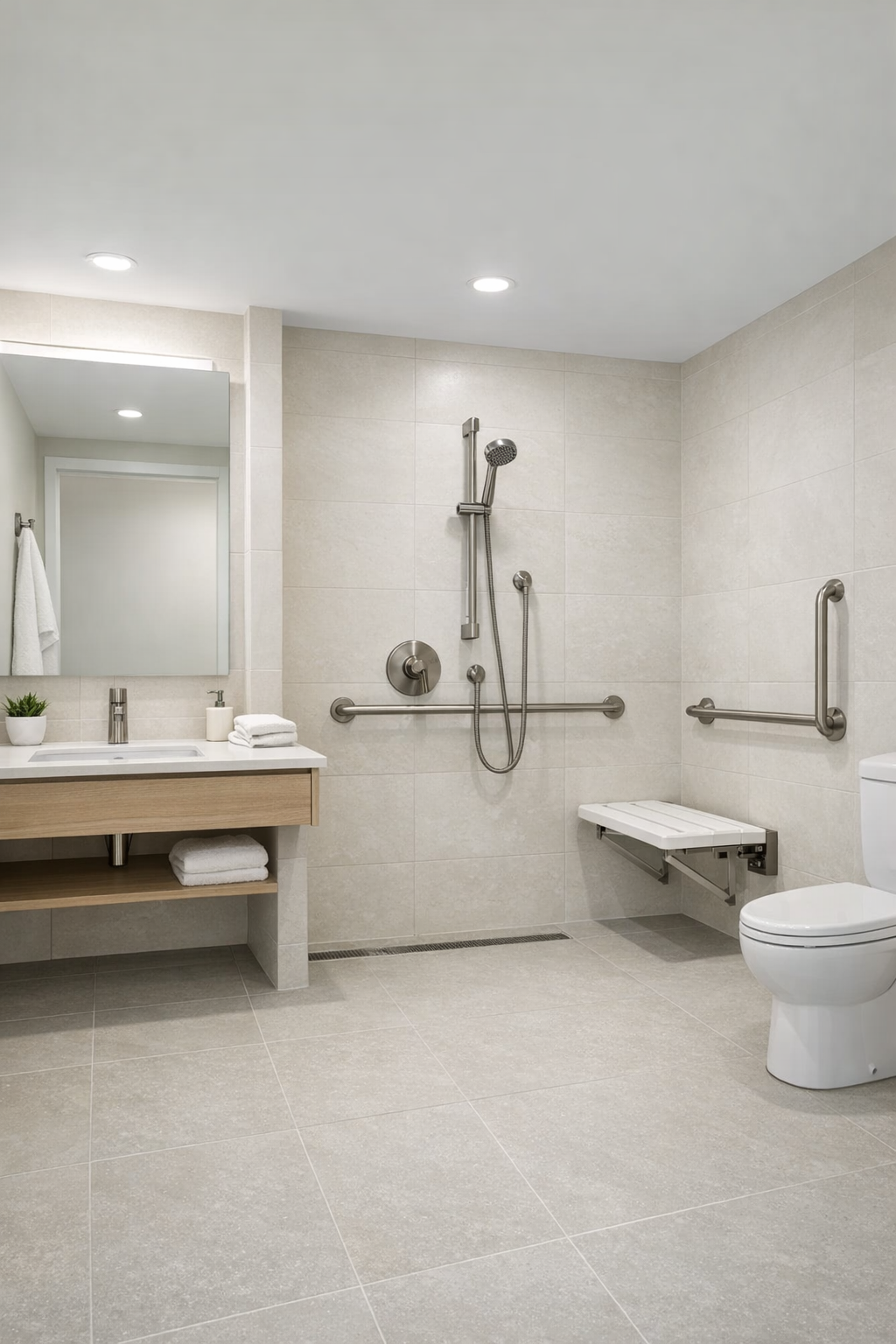 Accessible bathroom with a curbless shower, pale tile, and a light floating vanity
