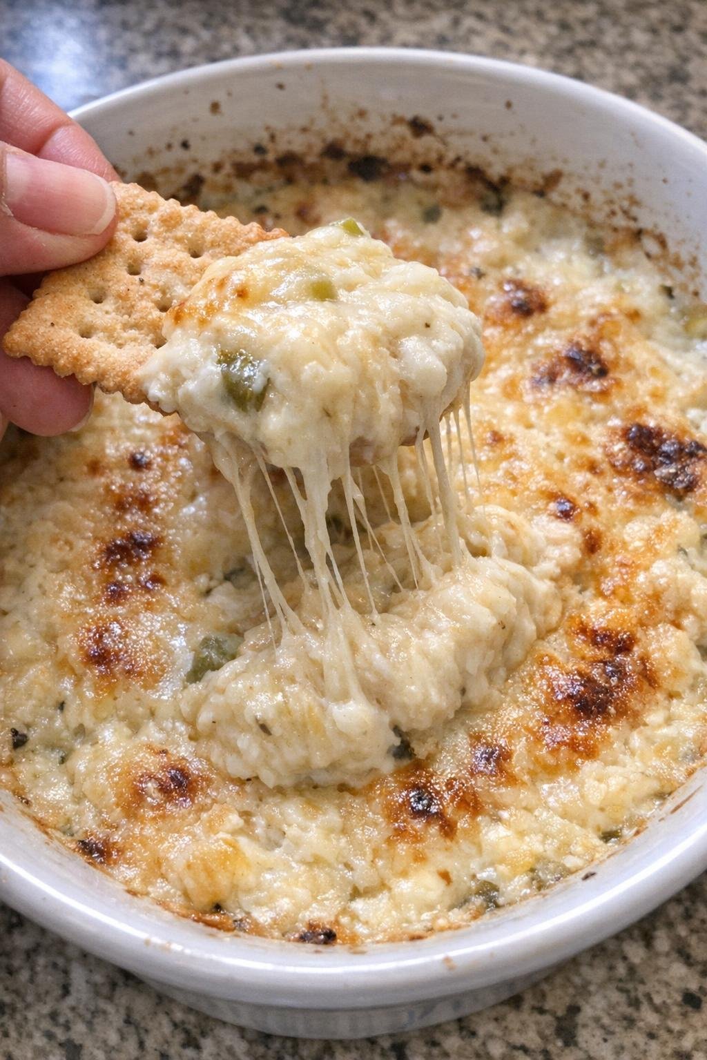 Pepperjack Sinclair dip in a casserole dish with a cracker lifting a cheesy scoop
