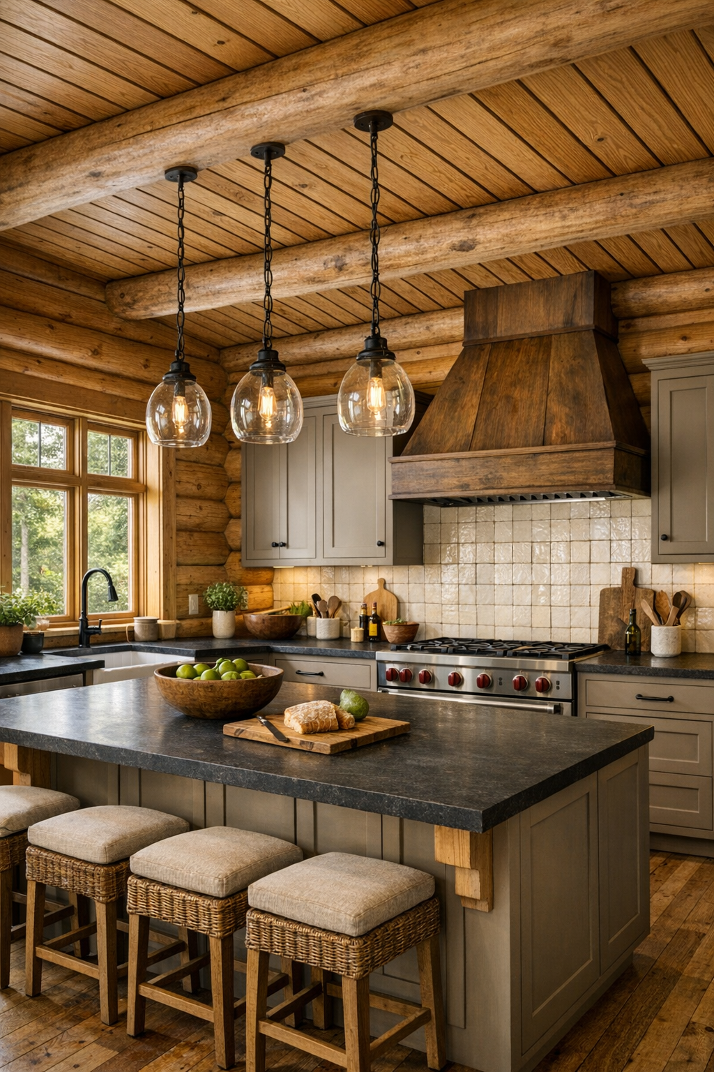Kitchen with cedar walls, painted shaker cabinets, and a large central island