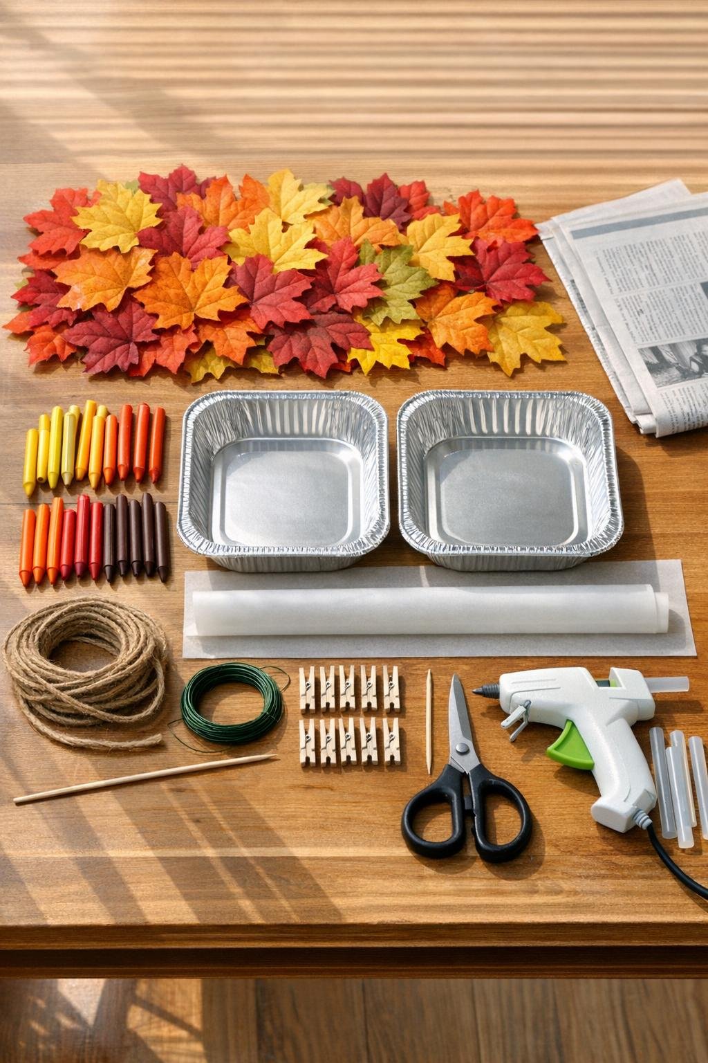 Materials for wax-dipped leaf garland laid out on a table