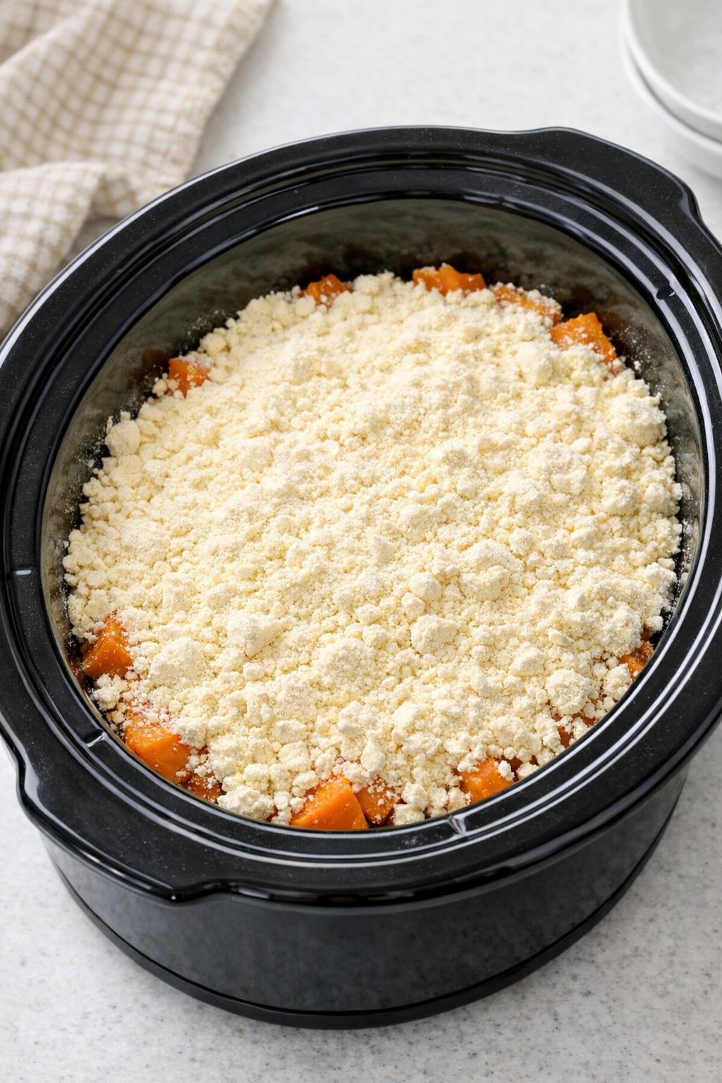 Droge cakemix laagje voor laagje over zoete aardappelen in de slowcooker